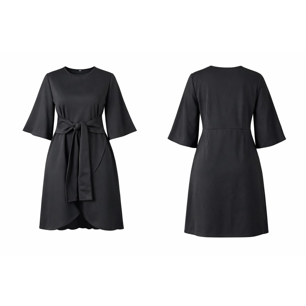 Black Bell Sleeve Tie Waist Cocktail Dress Wrap Front Minimalist Party Size 14